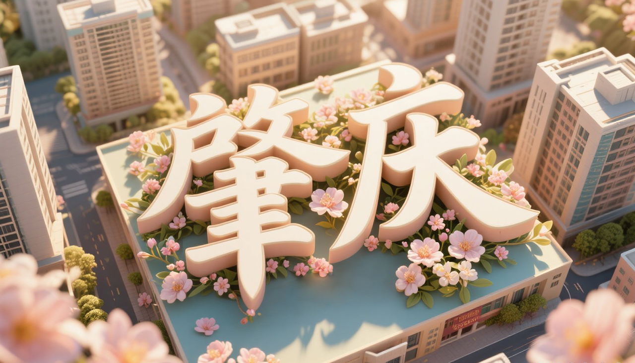 jimeng-2025-05-06-23-文字排版设计，字体设计，地名“肇庆”，创意立体字，古风立体字，插画，立体字隐藏在现代化城市建筑群之内，文字与建筑融合，可以清晰的看到地名文字的轮廓边缘。春天花